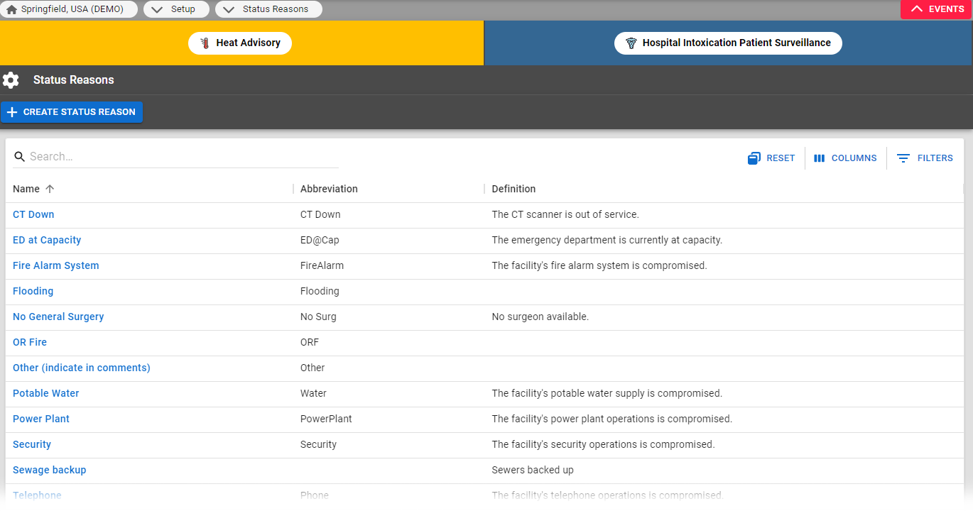 A table of status reasons displaying the name, abbreviation, and definition
